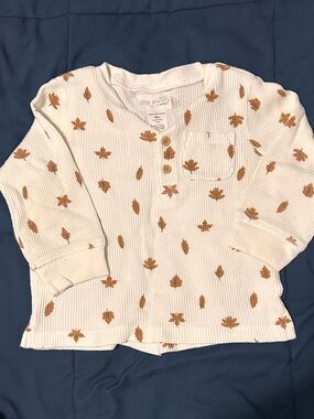 Cream Waffle Knit Long-Sleeve Top with Brown Leaf Print
